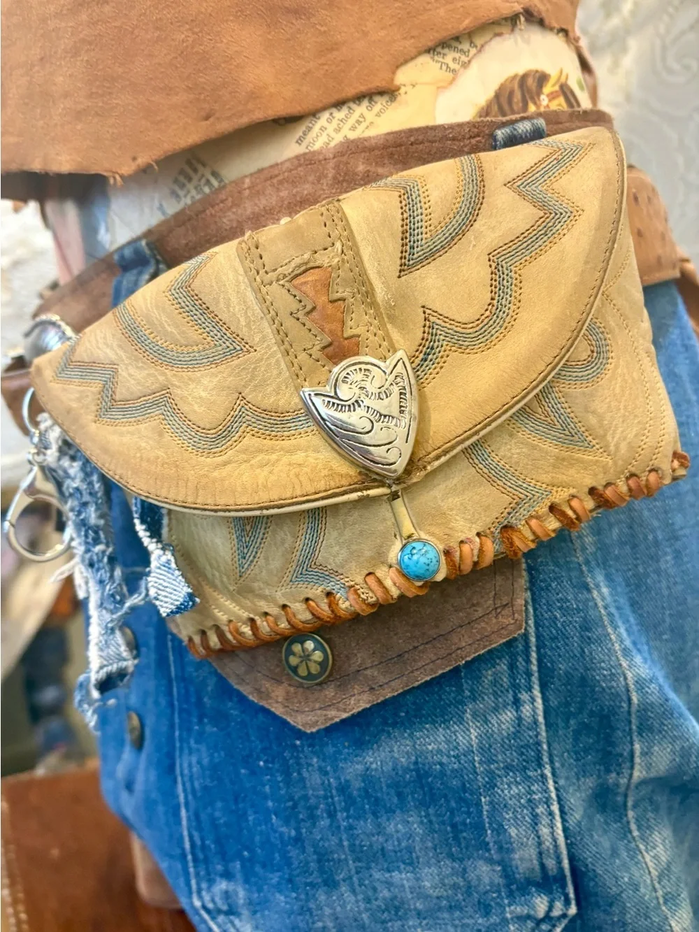 Vintage Tan Leather Western Clutch with Turquoise Accent